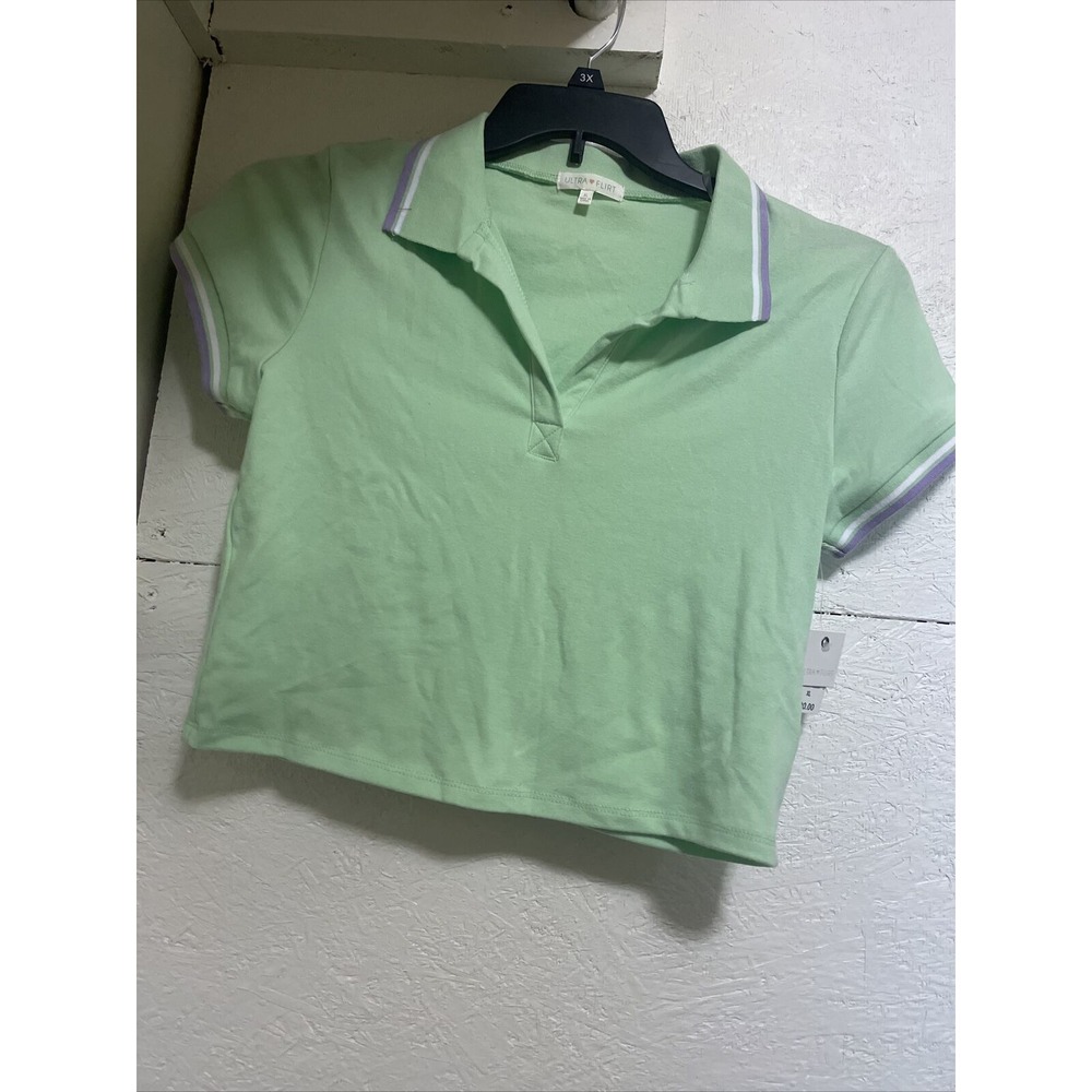 Ultra Flirt Junior Mint Green Short Sleeve Shirt polo crop top XL